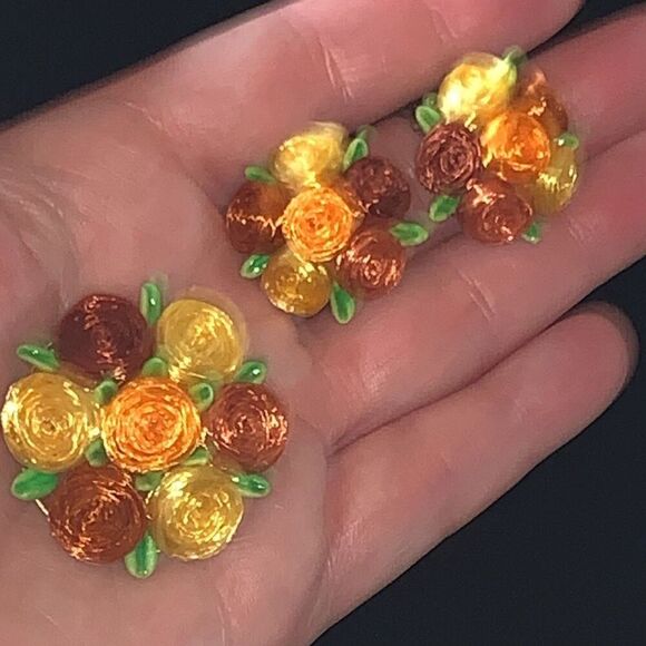 Vintage Signed West-Germany 50’s Floral Brooch Earrings Set - Picture 12 of 15